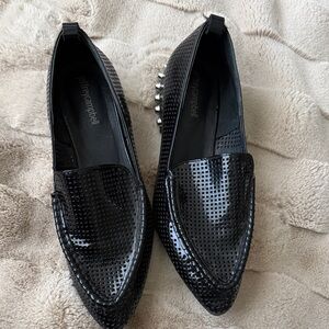 Jeffrey Campbell Barnett studded perforated leather flats loafers in black paten